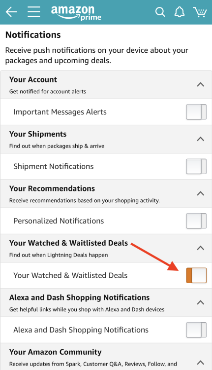 Prime notifications settings screen