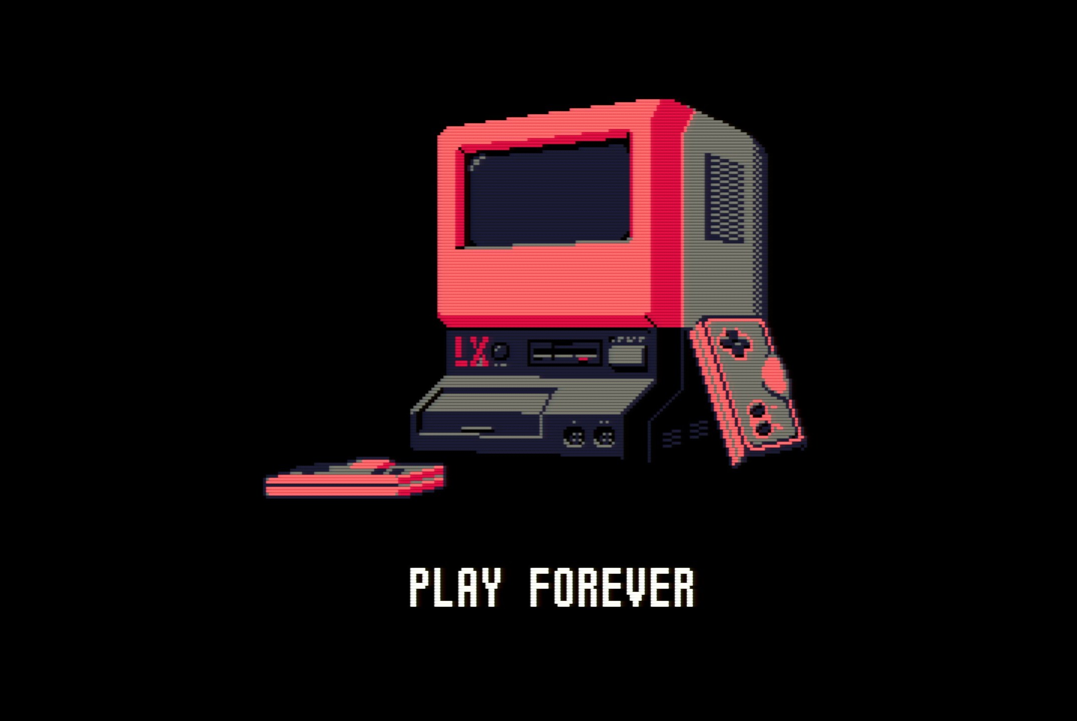 Pixelated red gaming console with text