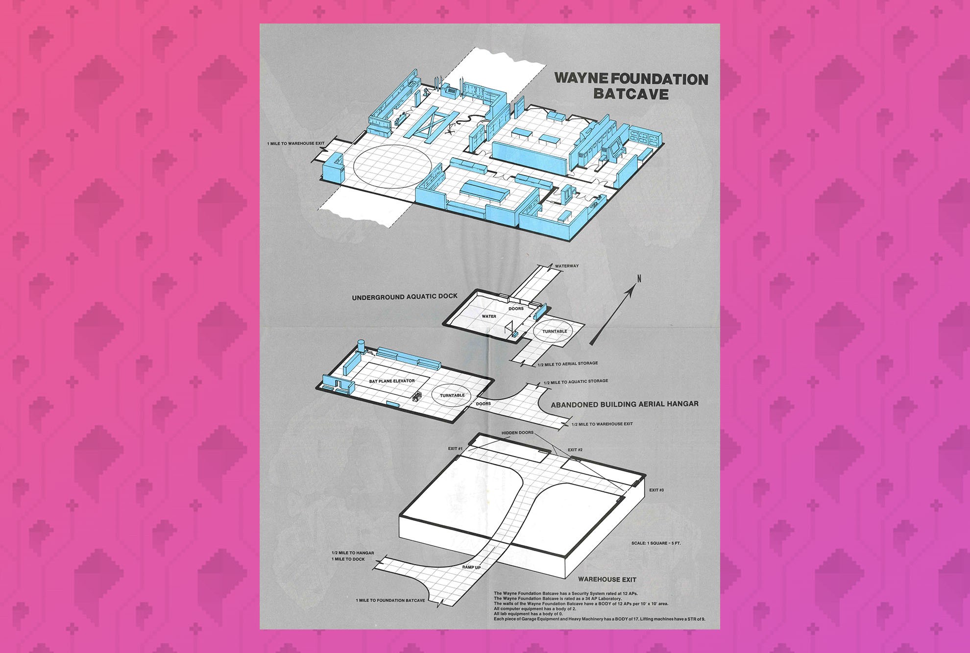 Batcave blueprint inside Wayne Foundation building