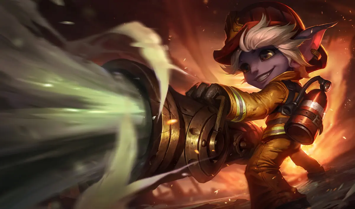 Firefighter Tristana with hose fighting flames